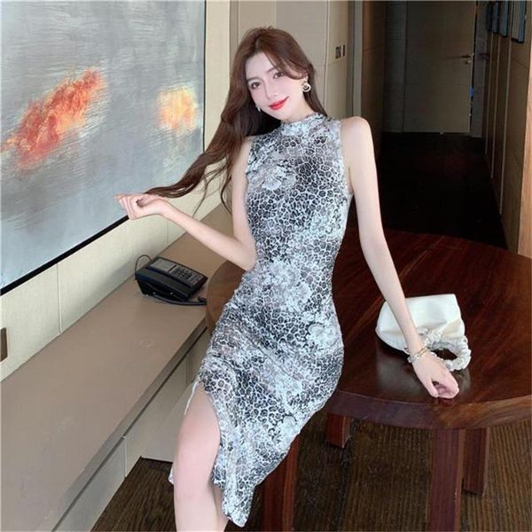 

ethnic clothing vintage goddess cheongsam leopard print zipper chinese style dress women high split qipao medium length oriental robe, Red