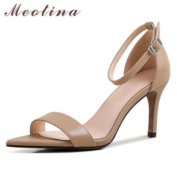 

meotina women shoes natural genuine leather thin high heel sandals ankle strap pointed toe buckle ladies apricot, Black