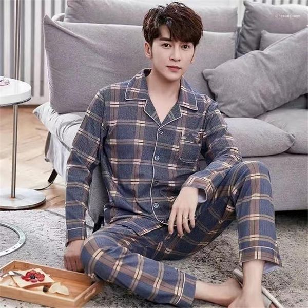 

men's sleepwear 2021 autumn winter cotton pajamas set for men casual loose comfortabel male nightwear long sleeves suit1, Black;brown