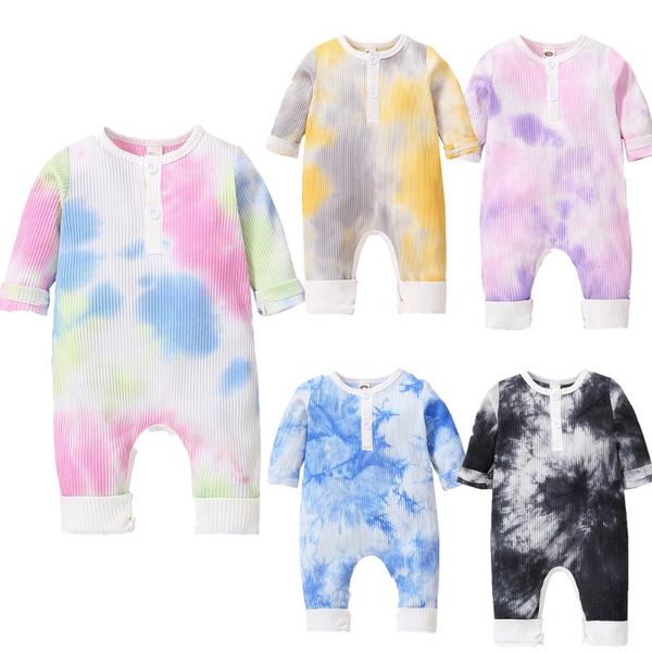 

jumpsuits 0-18 months baby boy girl clothes tie dye print cotton knitting jumpsuit round neck long sleeve button rompers one-pieces, Blue