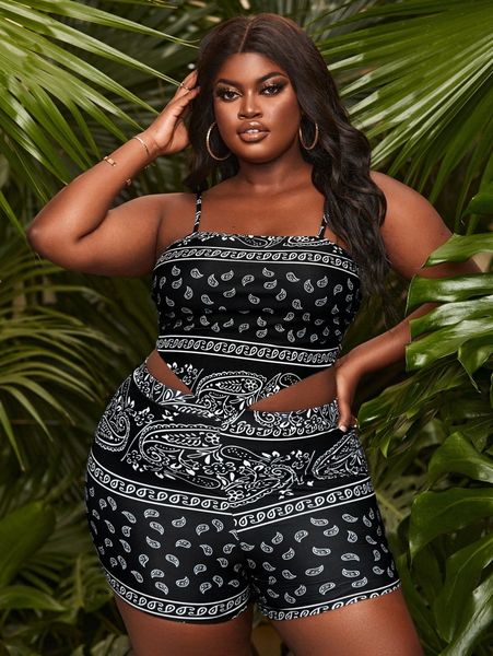 

plus allover paisley print hanky hem bikini swimsuit e3pm#, Black