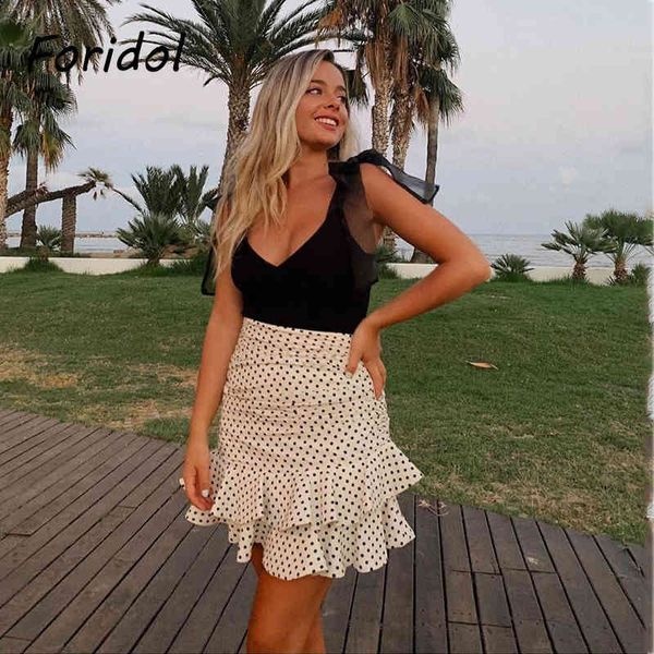 Bolinhas Mini Saia Ruched Mulheres Branco Ruffle Vintage Bodycon Chique Saia Cintura Feriado Saia Faldas 210415