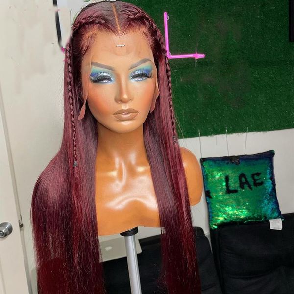 

synthetic wigs 26inch long burgundy straight lace front wig glueless 13x4 for women daily wear 180%density, Black