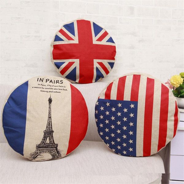 

cushion/decorative pillow 45cm vintage flag pattern pillowcase cotton linen home living room sofa car seat decorative round cushion cover pr