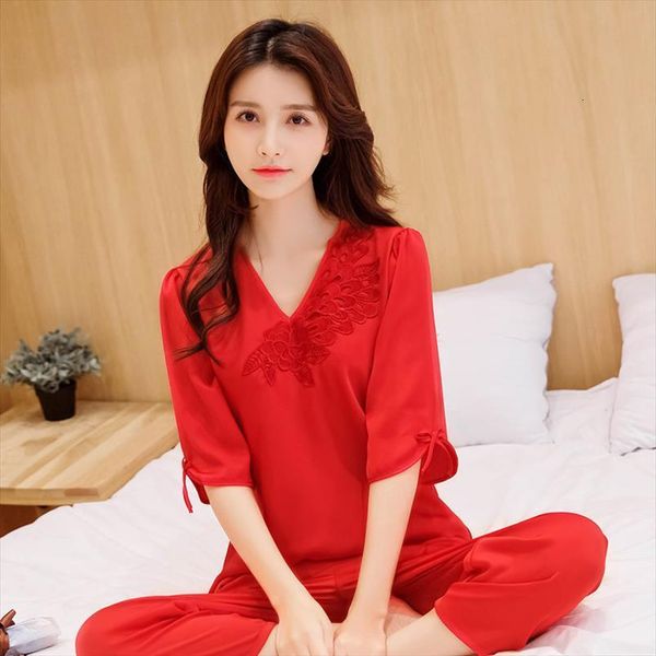 

2pcs pajamas shirt amp women sleepwear pants casual satin nightwear home clothes pyjamas suit silky intimate lingerie, Black;red