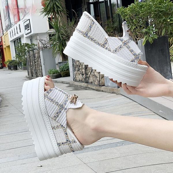 

slippers female slates wedge super high heels flip flops on the platform beach designer slides summer sandals zapatos de mujer 2021, Black