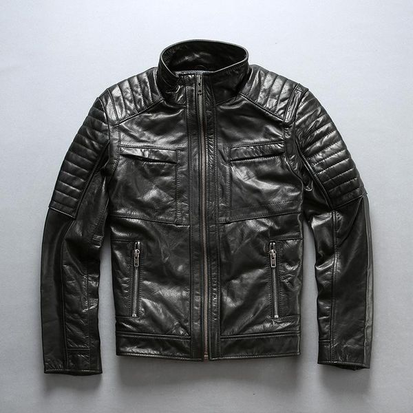 

men's leather & faux genuine cow skin coats man jackets slim short, Black