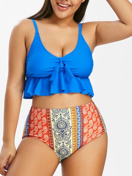 

one-piece suits plus size font knot flounce paisley print tankini swimsuit