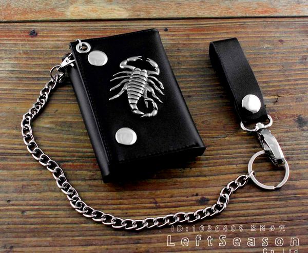 

men's boys gift real leather biker trifold momey wallet with chain scorpion, Red;black