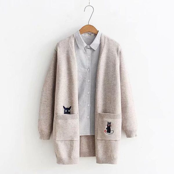 

women's knits & tees 2021autumn sweater knitwear jackets kawaii cute cat long sleeve coat japanese korea teens student sweet jumper car, White