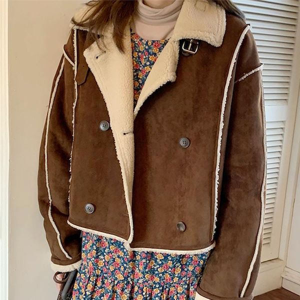 

women's jackets autumn winter short loose long sleeve lamb wool warm coat women korean style simple casual all match jacket streetwear, Black;brown