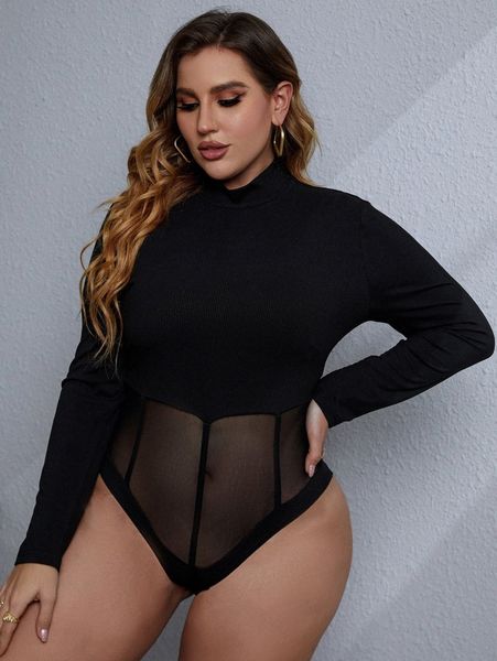 

plus contrast mesh mock neck bodysuit 54n3#, Black