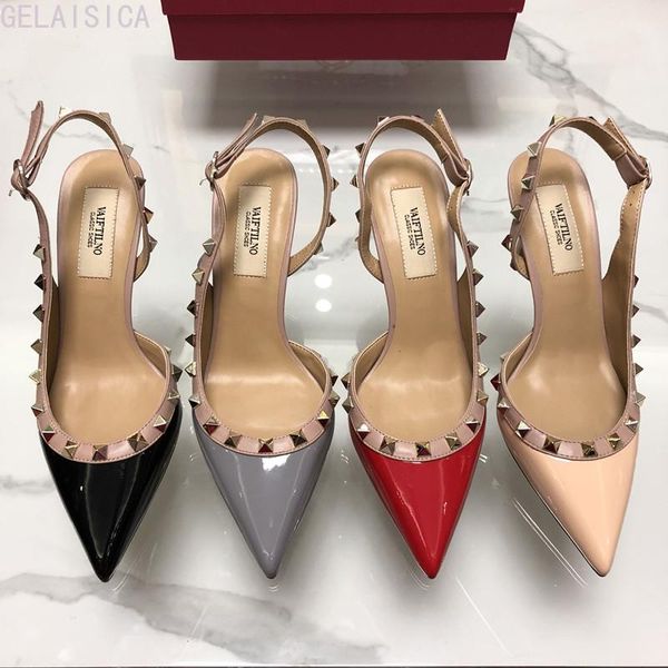 

sandals arrival 2022 women sandal v right high heel rivets genuine leather wedding shoes pointed thin, Black