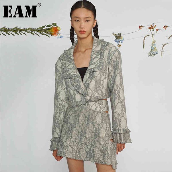 

[eam] half-body skirt two pieces lace hollow out suit ruffles long sleeve gray women fashion spring summer 1dd7311 21512, White