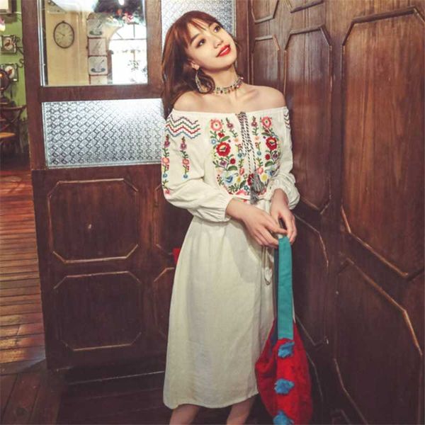 

women summer bohemianpullover floral embroidery off shoulder knee-length dress girls female casual dresses, Black;gray