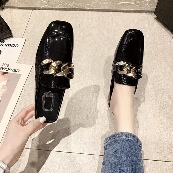 

slippers mules for women 2021 casual female shoes loafers slides rivet square heel low cover toe luxury block basic metal de, Black