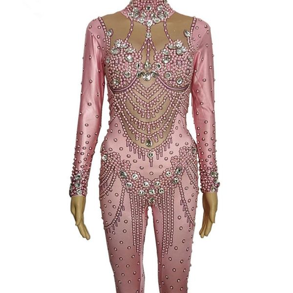 

women's jumpsuits & rompers 2021 pink pearl rhinestones elastic jumpsuit crystals leotard long sleeve women birthday party outfit night, Black;white