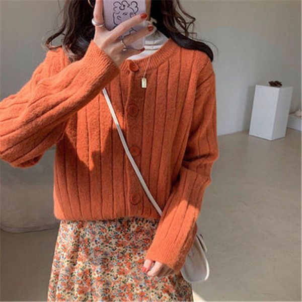 

women's knits & tees korean fashion sweaters women vintage orange preppy single breasted loose woman knitwear fall lovely elegant girl, White