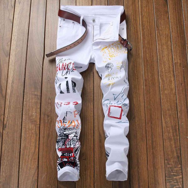 

jeans men's personality slim fit elastic small foot printing casual fashion trend pants men, Blue
