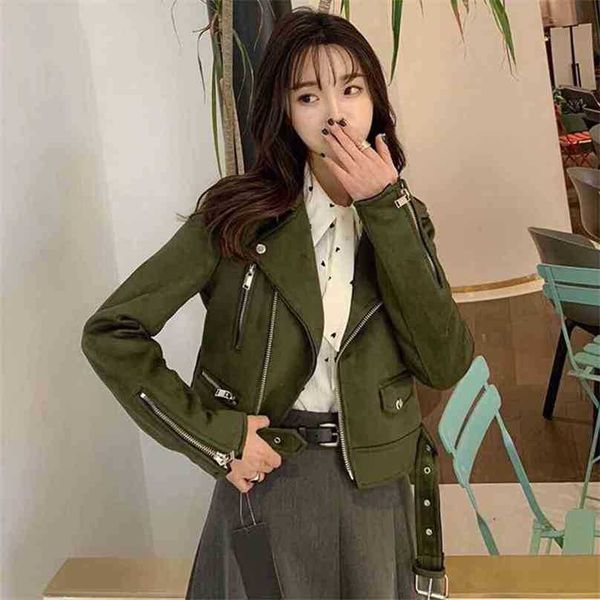 Giacca in pelle scamosciata autunnale Donna Vintage Streetwear con cintura Biker Cappotti corti Donna Moto Abbigliamento in pelle verde 210525