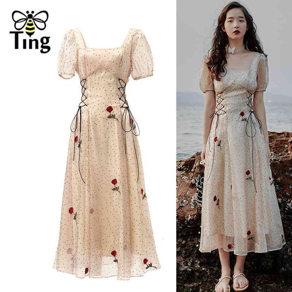 

victorian vintage square collar waist lace up polka dot rose embroidery summer soft girl dress dinner vestidos midi 210513, Black;gray