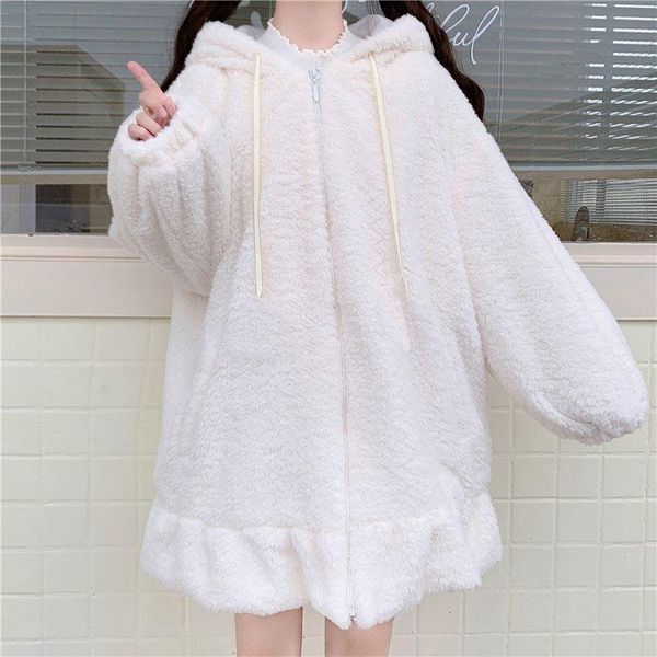 

women's hoodies & sweatshirts women large size solid zip-up long lantern sleeve hooded ears lolita cute sweet girls harajuku style wa, Black