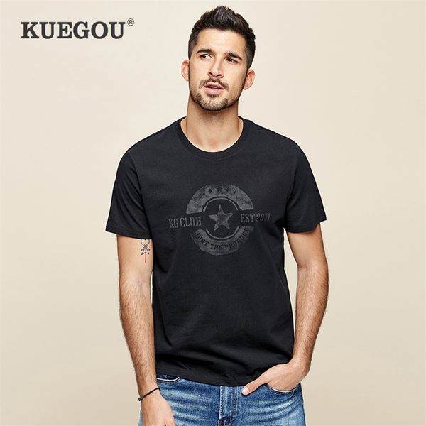 Kuegou 100% algodão masculino t-shirt de fôrma de verão t-shirt branco manga curta camiseta para homens de alta qualidade superior plus tamanho zt-3351 210706