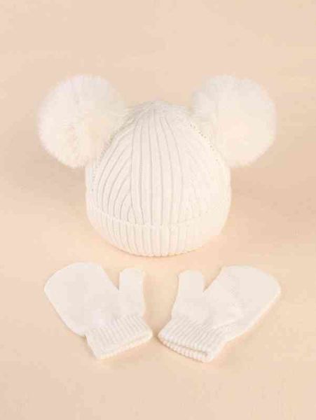 

baby pom knit hat & gloves she, Yellow