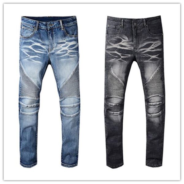 

mens jeans designer slim leg pants trend knee stripe denim biker motorcycle puls size hip hop distressed elastic washed trousers, Blue