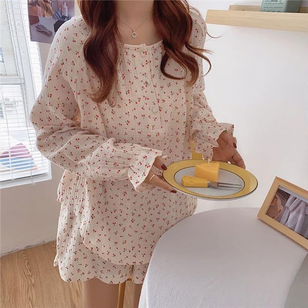 

korean pajama mujer cherry print womens sleepwears cotton yarn set long sleeve shorts ruffle homewear skin friendly breathable s1029, Black;red