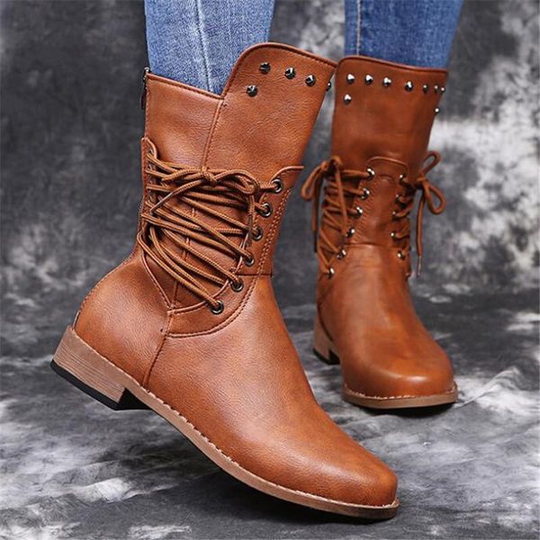 

boots womens retro rive mid-calf women round toe punk gothic autumn winter solid designer shoes, Black
