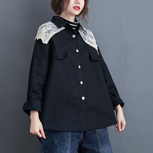 

versatile, long-sleeve fashion jacket big spring size brim lady lace shirt, Black