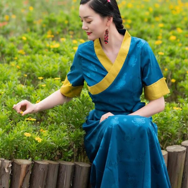 

short sleeve tibetan dress women's summer clothing silk ethnic style vestido mujer nepal costume ladies robe long section tibeta, Red