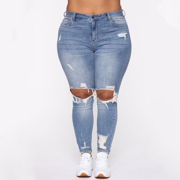 

Fall/Winter Elastic Fashion Ripped Elastic Plus Size Jeans Pants, Blue