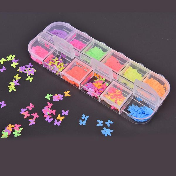 

nail art decorations 12 grids fluorescence hollow circle sequins neon round glitter flakes 3d diy colorful slice, Silver;gold