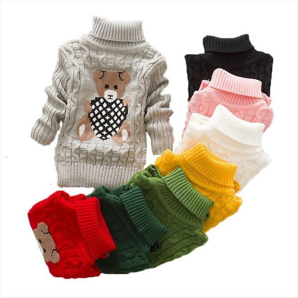 

girls warm sweaters boys thick knitted turtleneck baby high collar pullover cartoon bear sweater kids coats, Blue