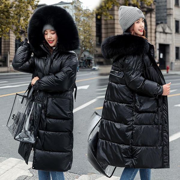 

women's down & parkas 2021 glossy long snowproof women hooded fur collar warm coats ladies winter waterproof jacket cotton pockets casu, Black