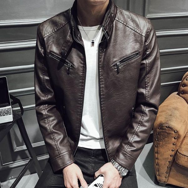 

men's jackets 2021 autumn and winter fashion pu stand collar zipper pocket motorcycle slim fleece warm men leather jacket, Black;brown