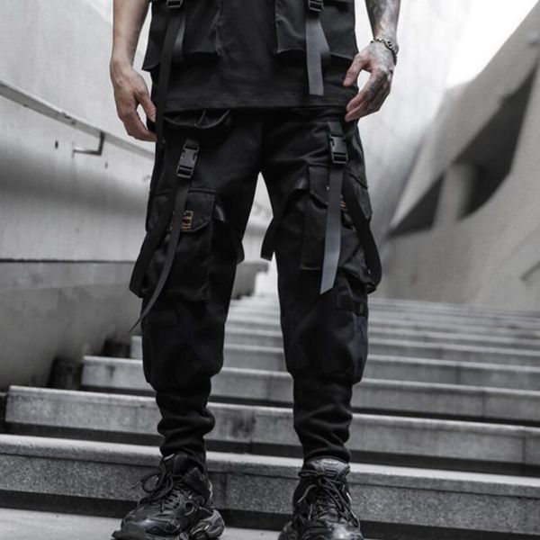 

men's pants nice mens casual ribbons techwear cargo with many pockets man harajuku vintage punk harem hip hop trousers, Black