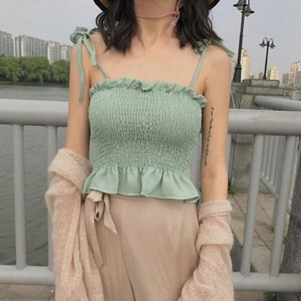 

women's tanks & camis tank vest summer sleeveless pleated short cami crop clothing casual white black cute female