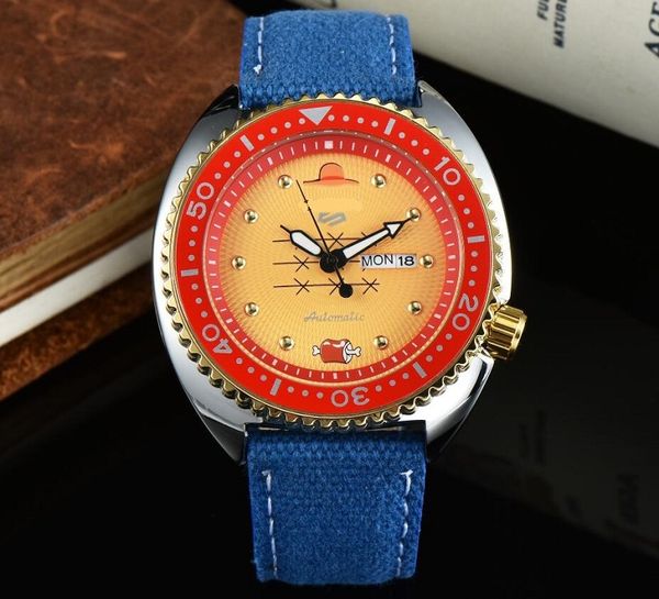 

blue fabric outdoor chronograph quartz battery men watch moonwatch professional mens watches sports man wristwatch round red dial, Slivery;brown