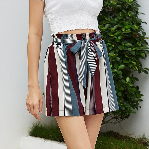 

women's shorts striped print women patchwork color high waist bandage elegant fresh and sweet beach female mini short pants, White;black