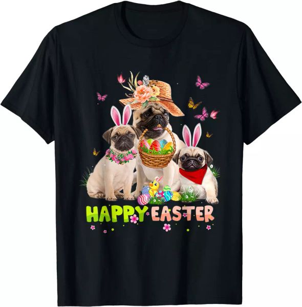 

pug dog happy easter bunny eggs easter gift kids t-shirt, White;black