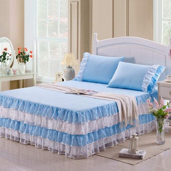 

sheets & sets 1pcs solid color bed skirt printed sheet princess ruffle lace luxury flat bed-mat twin queen size no case