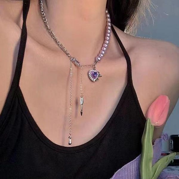 

pendant necklaces simple purple diamond love necklace female korean sweet pearl splicing chain clavicle for women jewelry, Silver