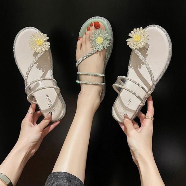 

flower female shoes low slippers casual slides jelly flip flops 2021 luxury summer flat glitter rome crystal pu basic scandals, Black