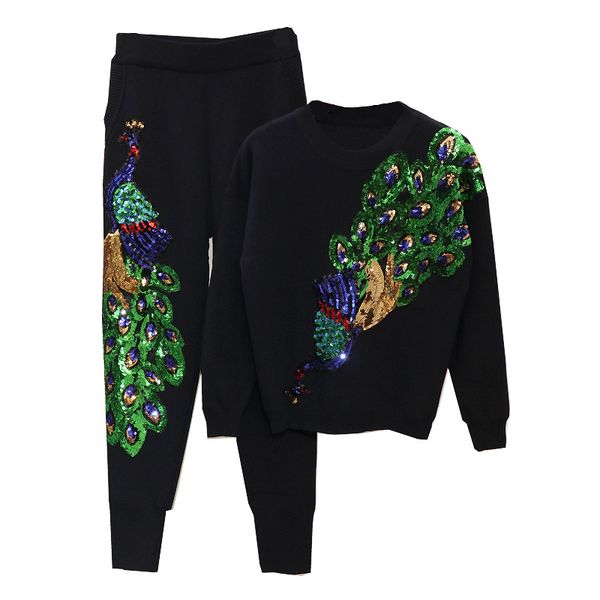 

women's two piece pants fashion women set spring autumn sequins peacock loose knitted sweater + casual pants two piece set women c, White