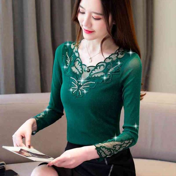 

embroidery stitching bottoming autumn winter women shirt long sleeved mesh bright silk blouses plus 4xl, White