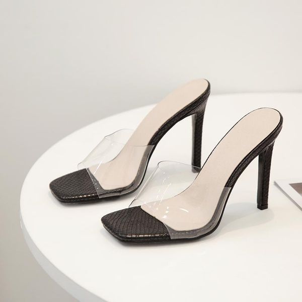 

slippers simple square head high heel wild word transparent film open toe fine heels 2021 summer women's shoes, Black
