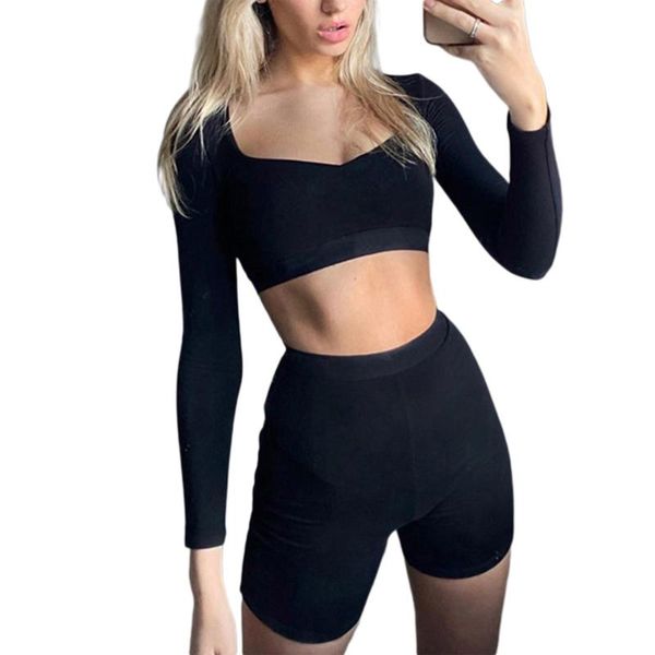 

women's tracksuits women crop high waist tracksuit sets long sleeve bodycon tank sport shorts 2pcs solid color outfits set, Gray